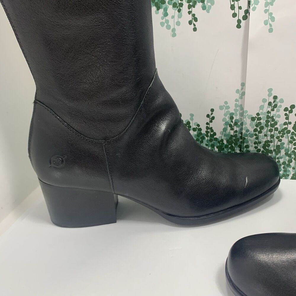 BORN Black Leather Tall Stacked Heel Boots 9.5 Womens - Picture 3 of 16